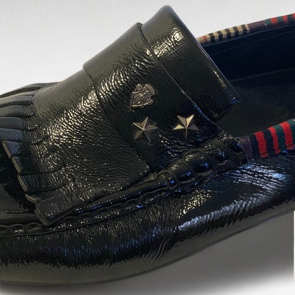 Gucci Mens Black Patent Leather Driver Moccasins with red stripe trim Size 11 main image 5